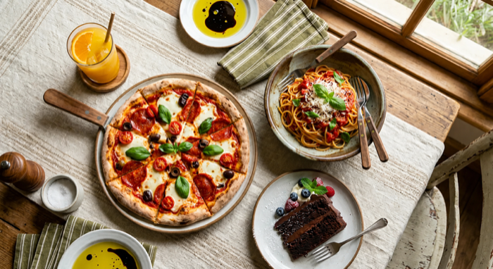 Mesa com pizza, massa e sobremesas